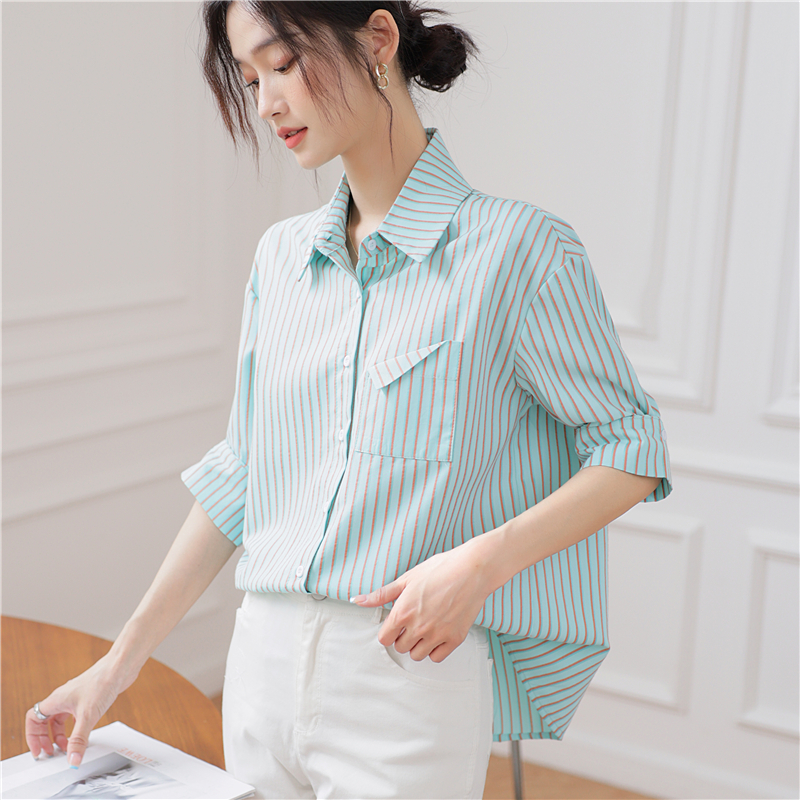 Stripe temperament fold shirt slim short sleeve tops for women