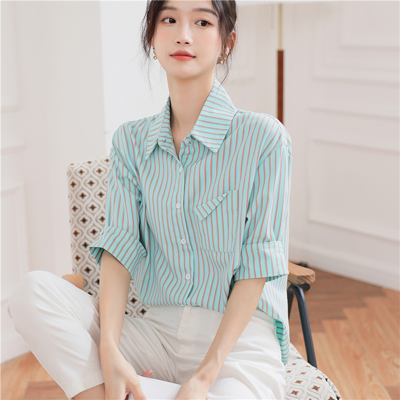 Stripe temperament fold shirt slim short sleeve tops for women