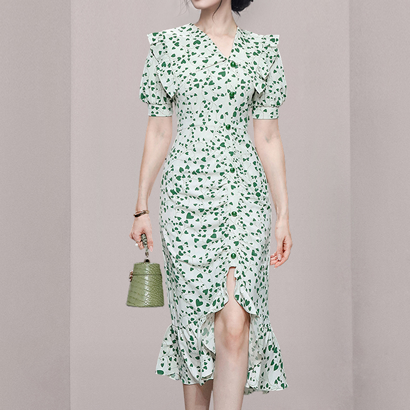 Fashion asymmetry lotus leaf chouzhe dress
