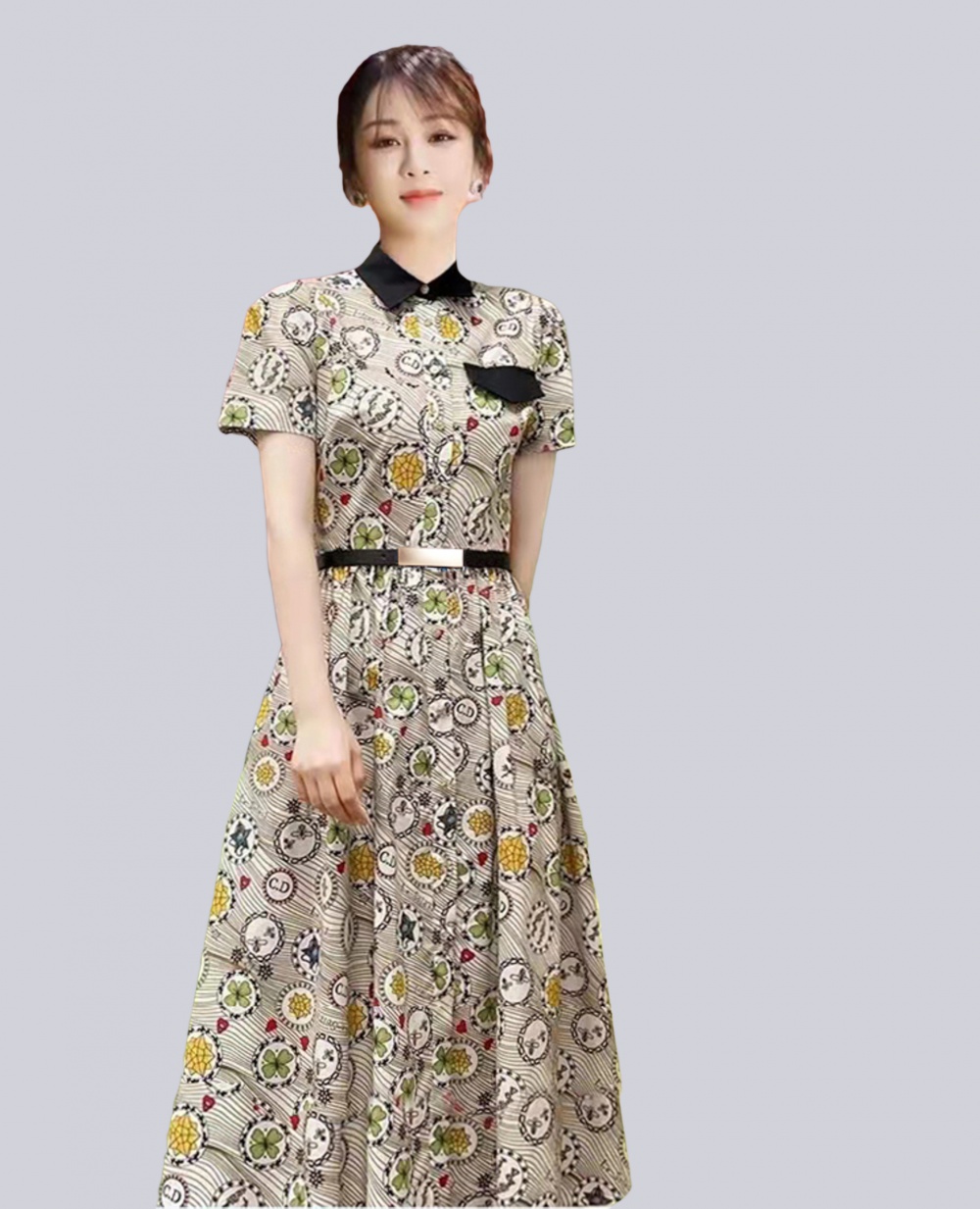 Long short sleeve printing dress