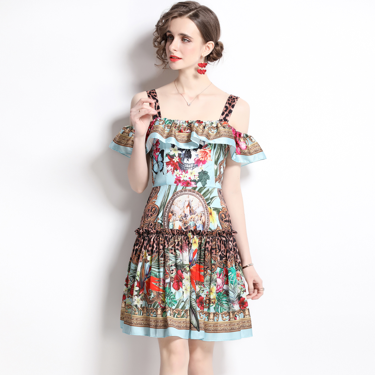 Pinched waist sling vacation retro France style dress