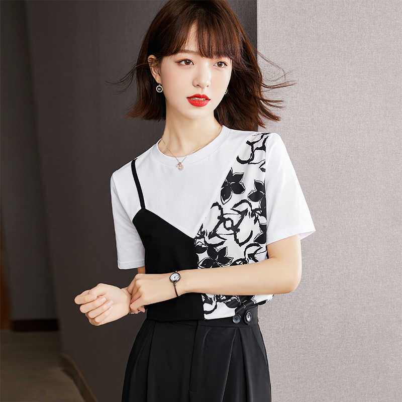 Short sleeve T-shirt Pseudo-two tops for women