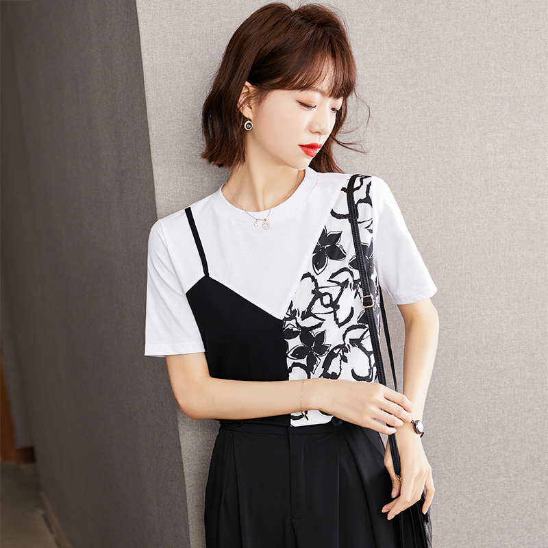 Short sleeve T-shirt Pseudo-two tops for women