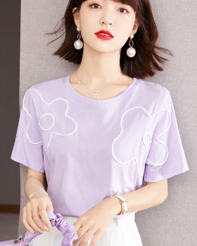 Purple loose France style tops summer short sleeve T-shirt