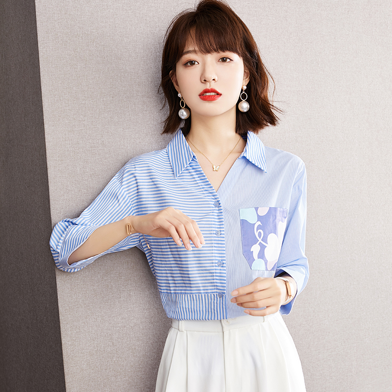 Splice blue summer shirt long sleeve stripe tops