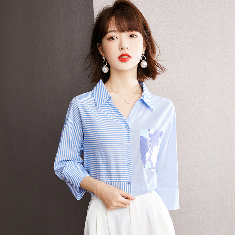 Splice blue summer shirt long sleeve stripe tops
