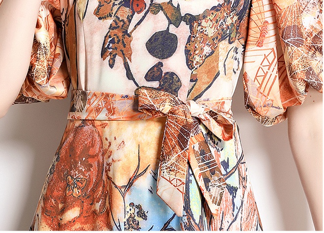 Puff sleeve lotus leaf edges printing dress