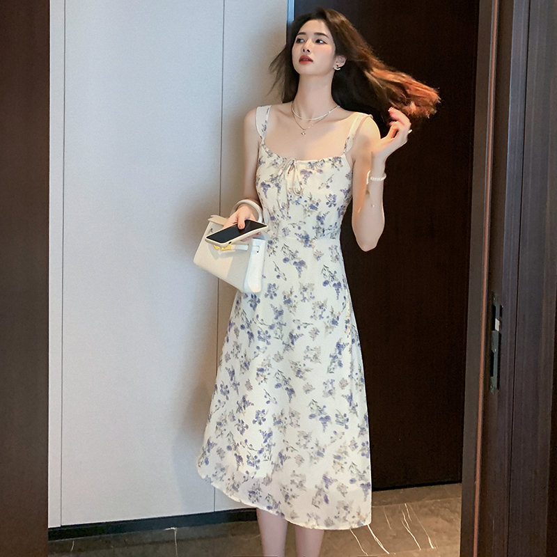 Sling summer floral retro France style dress for women