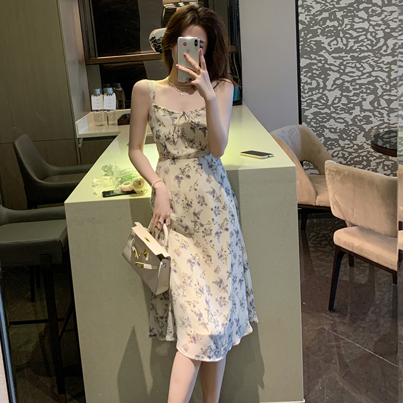 Sling summer floral retro France style dress for women