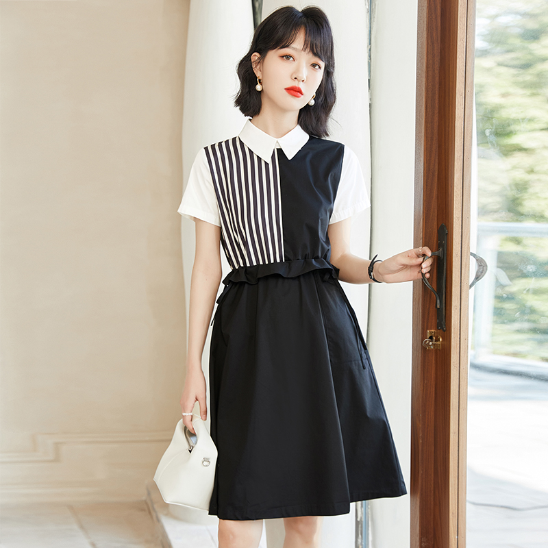 Black summer stripe shirt pinched waist splice dress