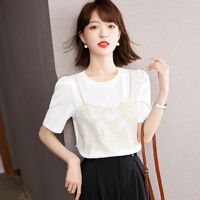 Puff sleeve summer T-shirt round neck retro tops