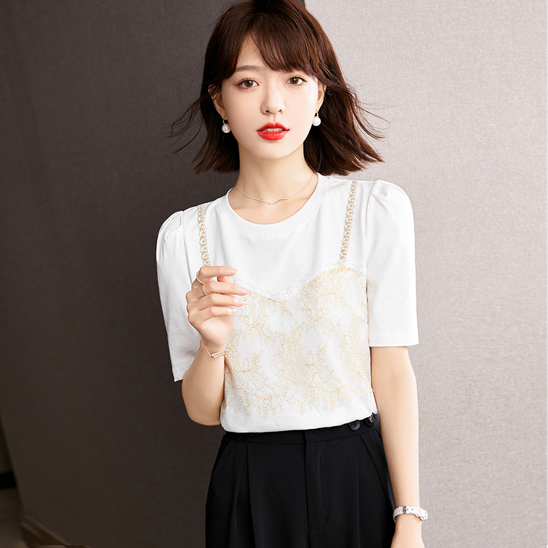 Puff sleeve summer T-shirt round neck retro tops