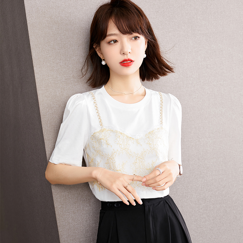 Puff sleeve summer T-shirt round neck retro tops