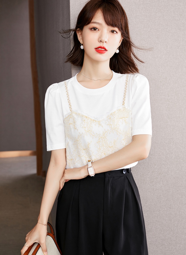 Puff sleeve summer T-shirt round neck retro tops