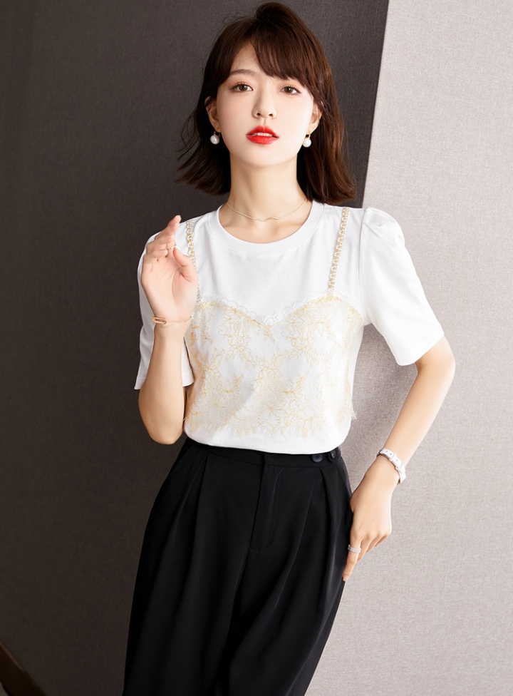 Puff sleeve summer T-shirt round neck retro tops