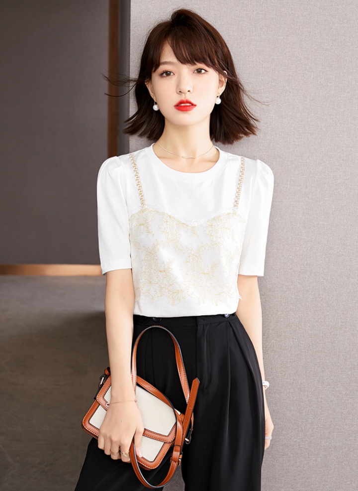 Puff sleeve summer T-shirt round neck retro tops