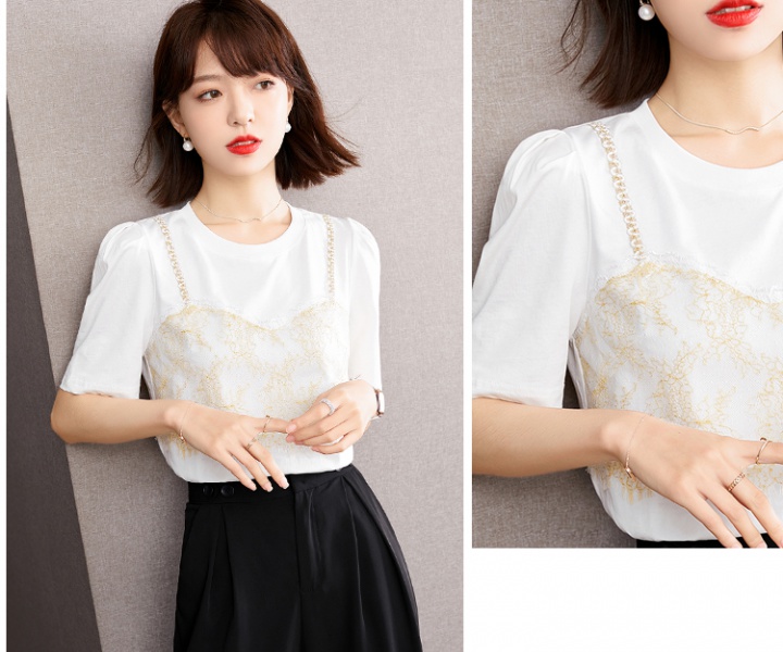 Puff sleeve summer T-shirt round neck retro tops