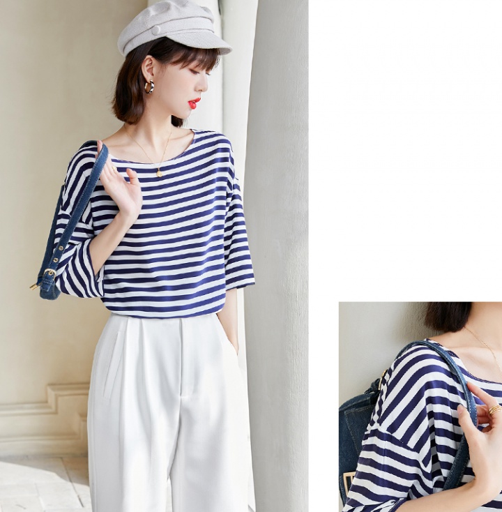 Summer blue-white shirt stripe silk tops for women