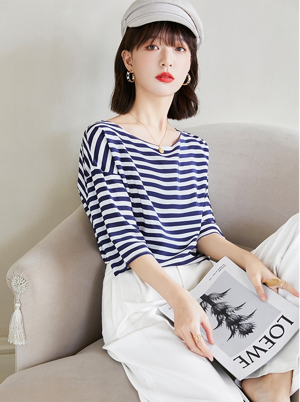 Summer blue-white shirt stripe silk tops for women