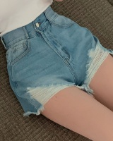 Slim torn edge jeans high waist Korean style shorts