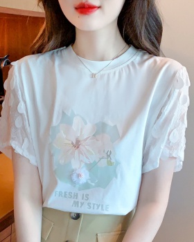 Splice printing T-shirt all-match short sleeve tops for women