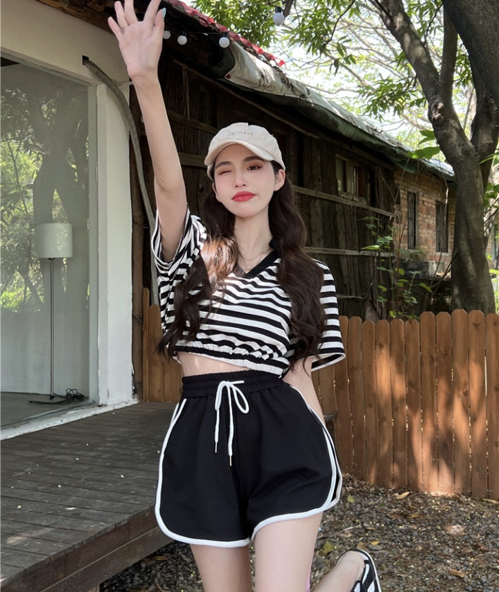 Short stripe sports T-shirt Casual slim V-neck shorts