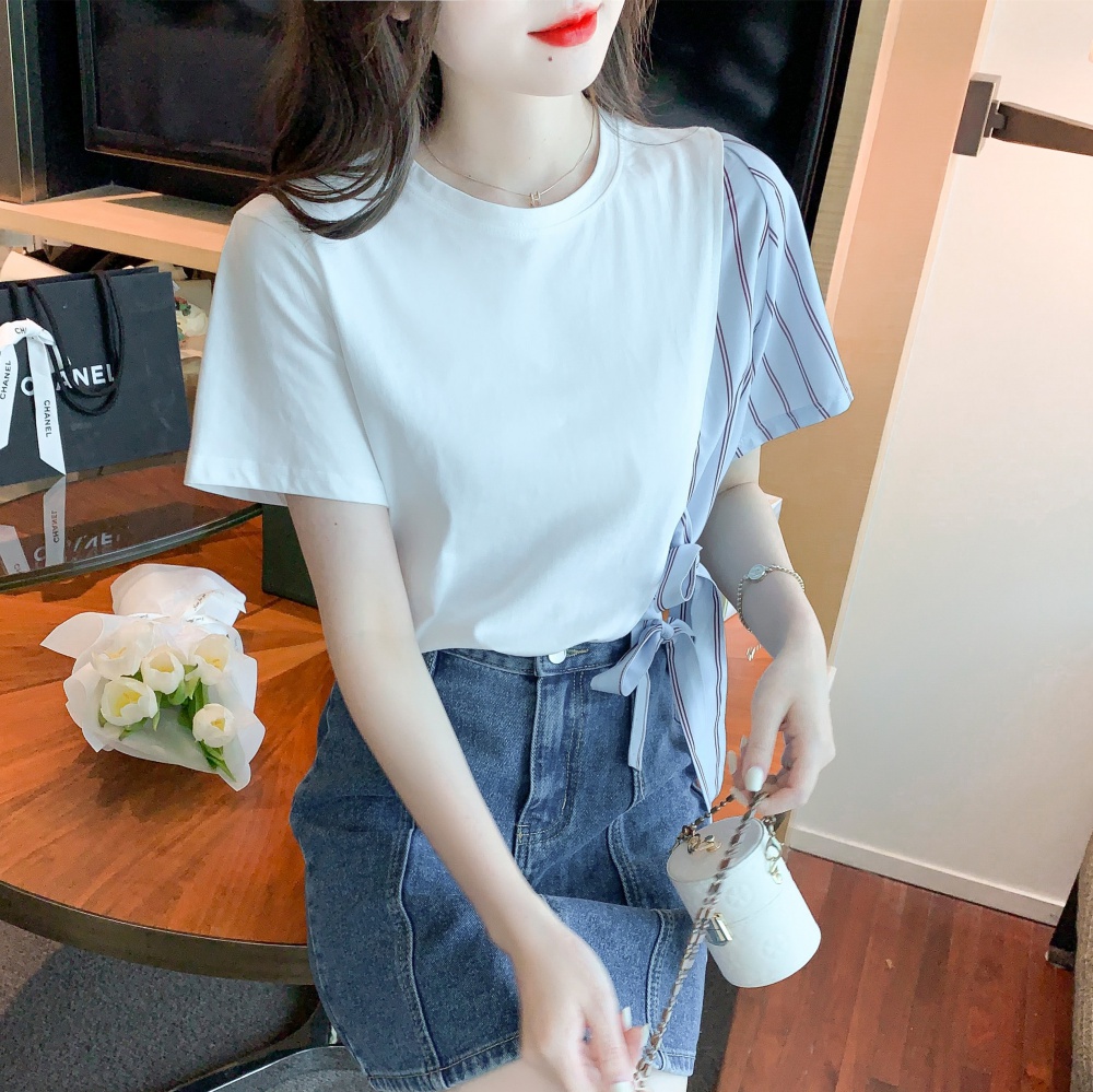 Splice white T-shirt short sleeve tops for women