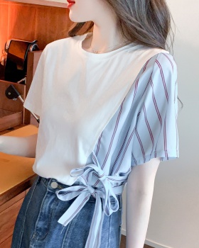 Splice white T-shirt short sleeve tops for women
