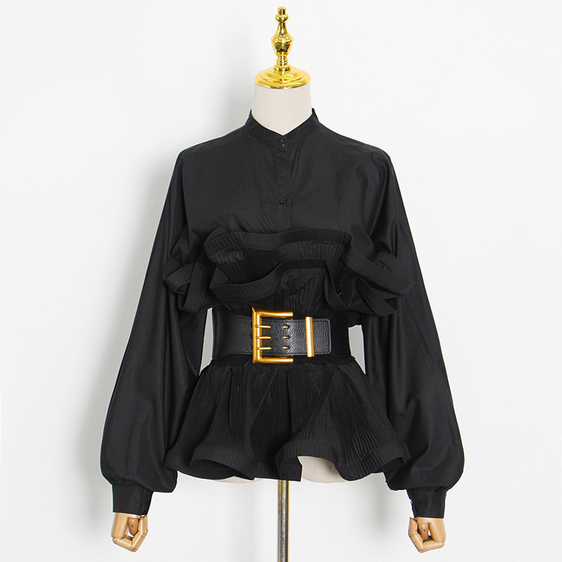 Lotus leaf edges with belt shirt retro pleated tops