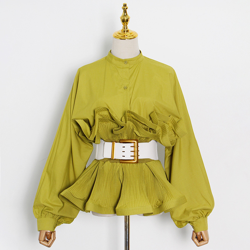 Lotus leaf edges with belt shirt retro pleated tops