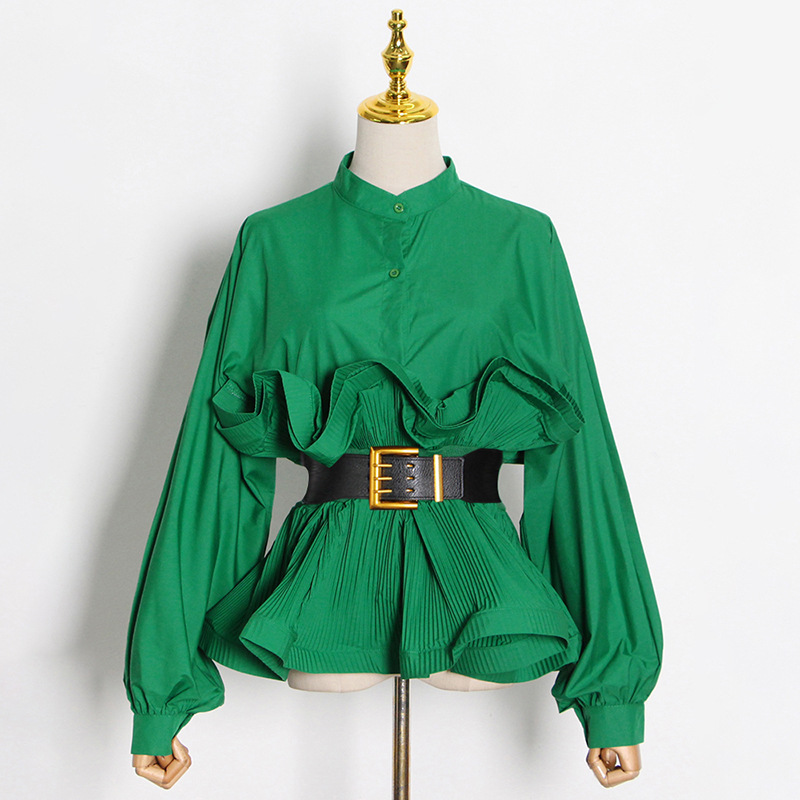 Lotus leaf edges with belt shirt retro pleated tops