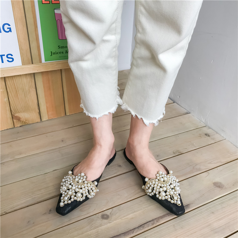 Half beads flat rhinestone slippers for women