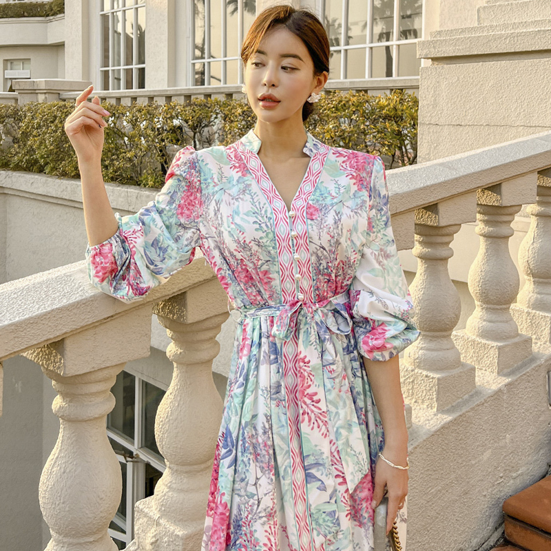 V-neck Korean style dress frenum big skirt long dress
