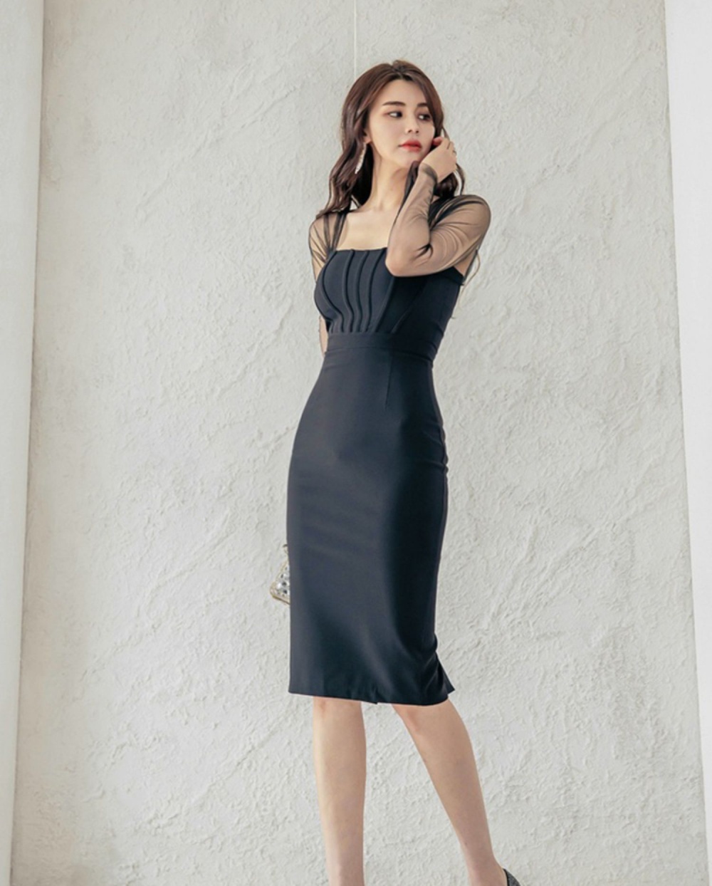 Splice spring pinched waist simple Korean style dress