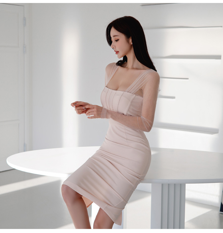 Splice spring pinched waist simple Korean style dress