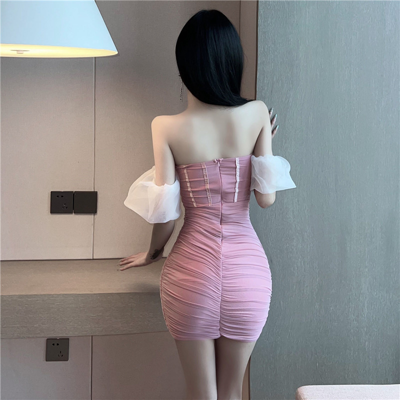 Summer slim sexy fold flat shoulder package hip dress