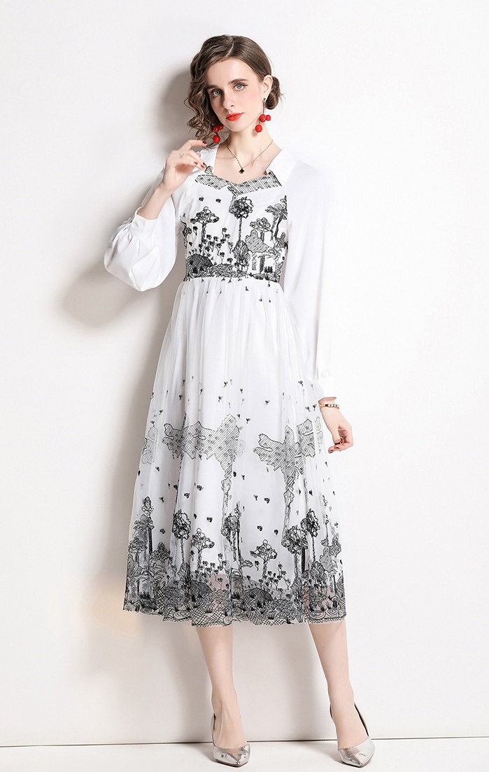 Embroidery long sleeve gauze splice chiffon long dress