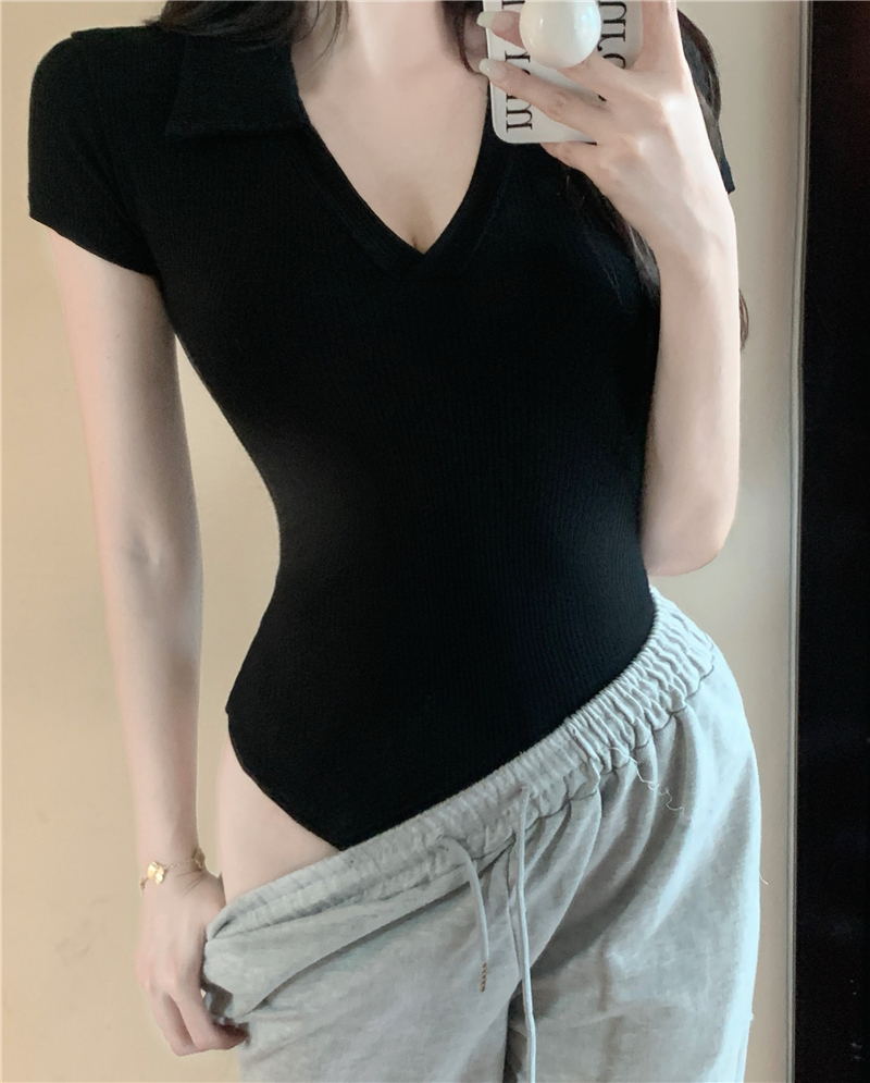 Short sleeve V-neck leotard tight T-shirt for women