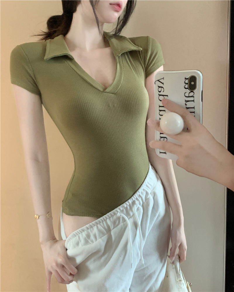 Short sleeve V-neck leotard tight T-shirt for women