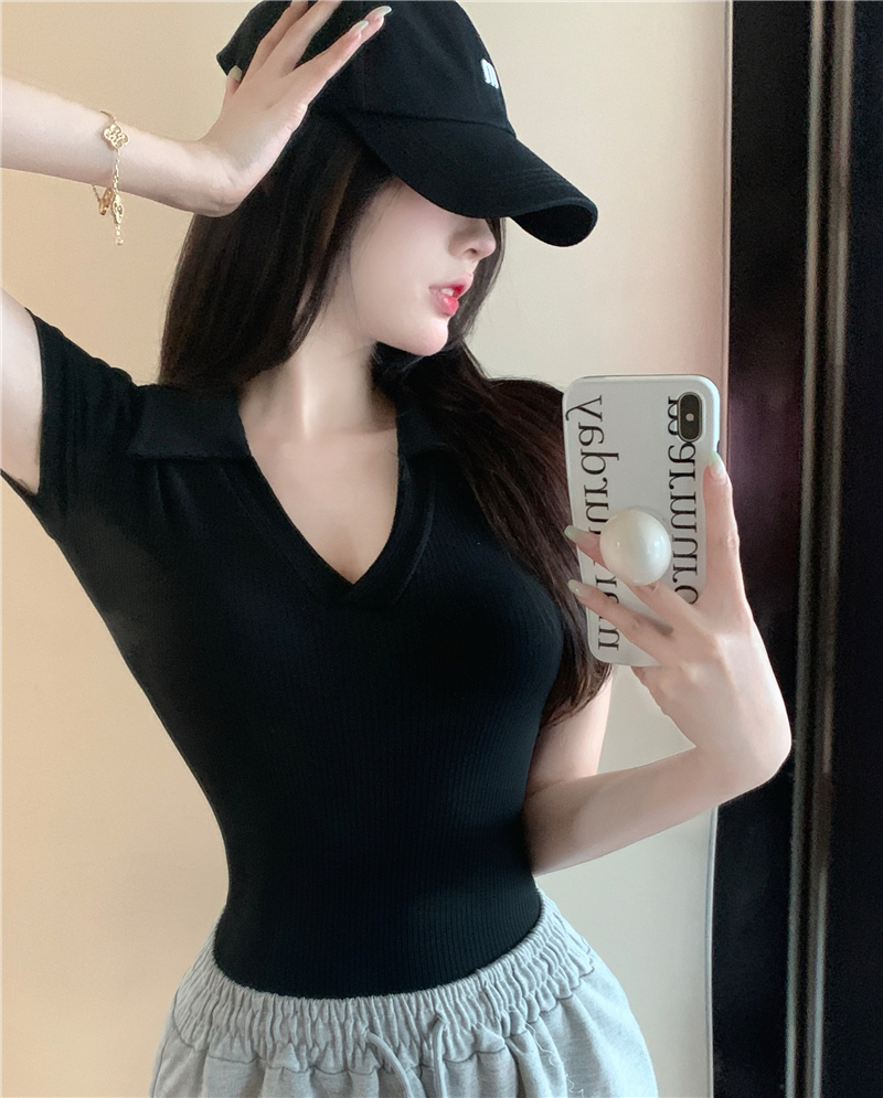 Short sleeve V-neck leotard tight T-shirt for women