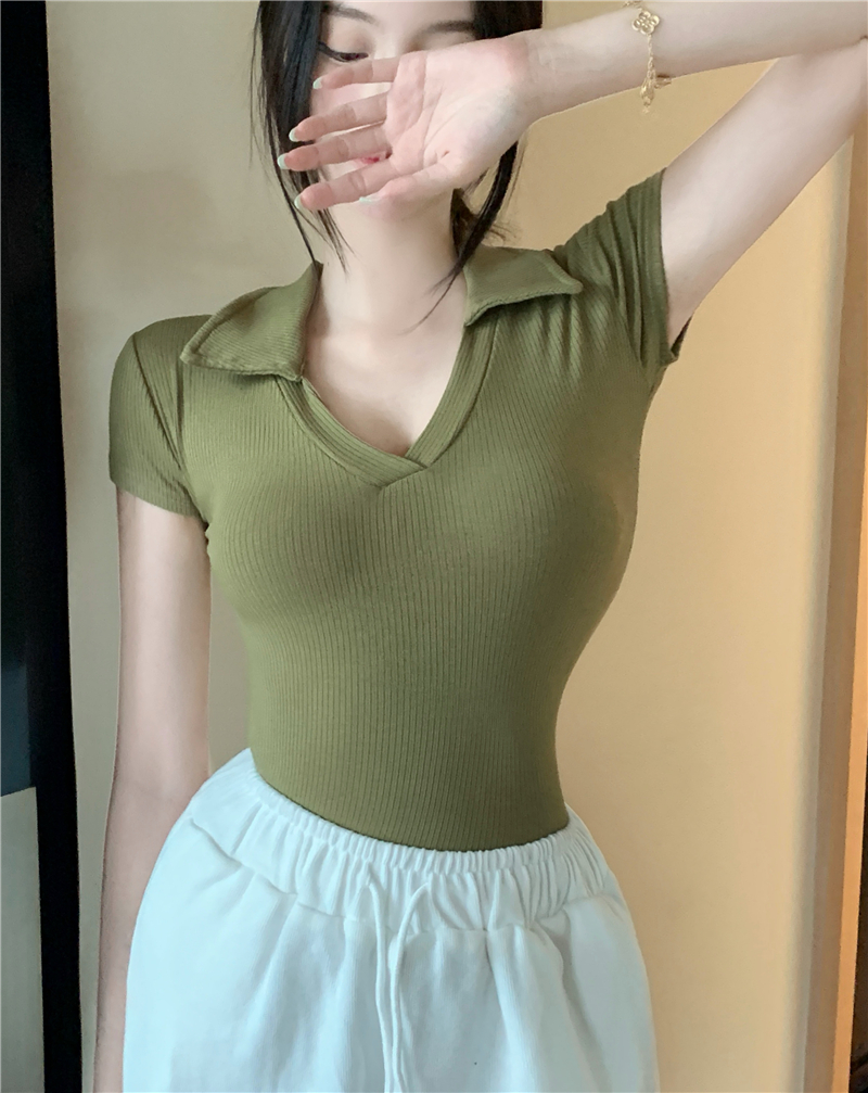 Short sleeve V-neck leotard tight T-shirt for women