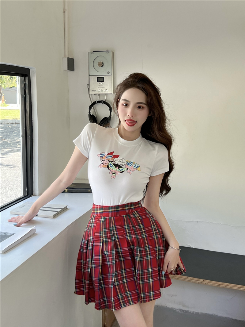 Cartoon printing plaid T-shirt pleated lovely skirt