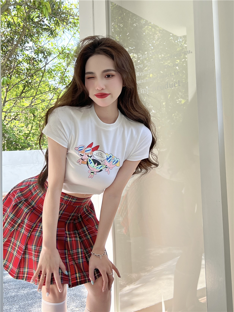 Cartoon printing plaid T-shirt pleated lovely skirt