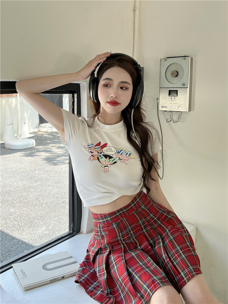 Cartoon printing plaid T-shirt pleated lovely skirt