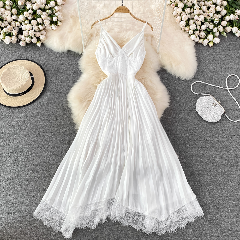 Pinched waist halter long dress seaside white dress