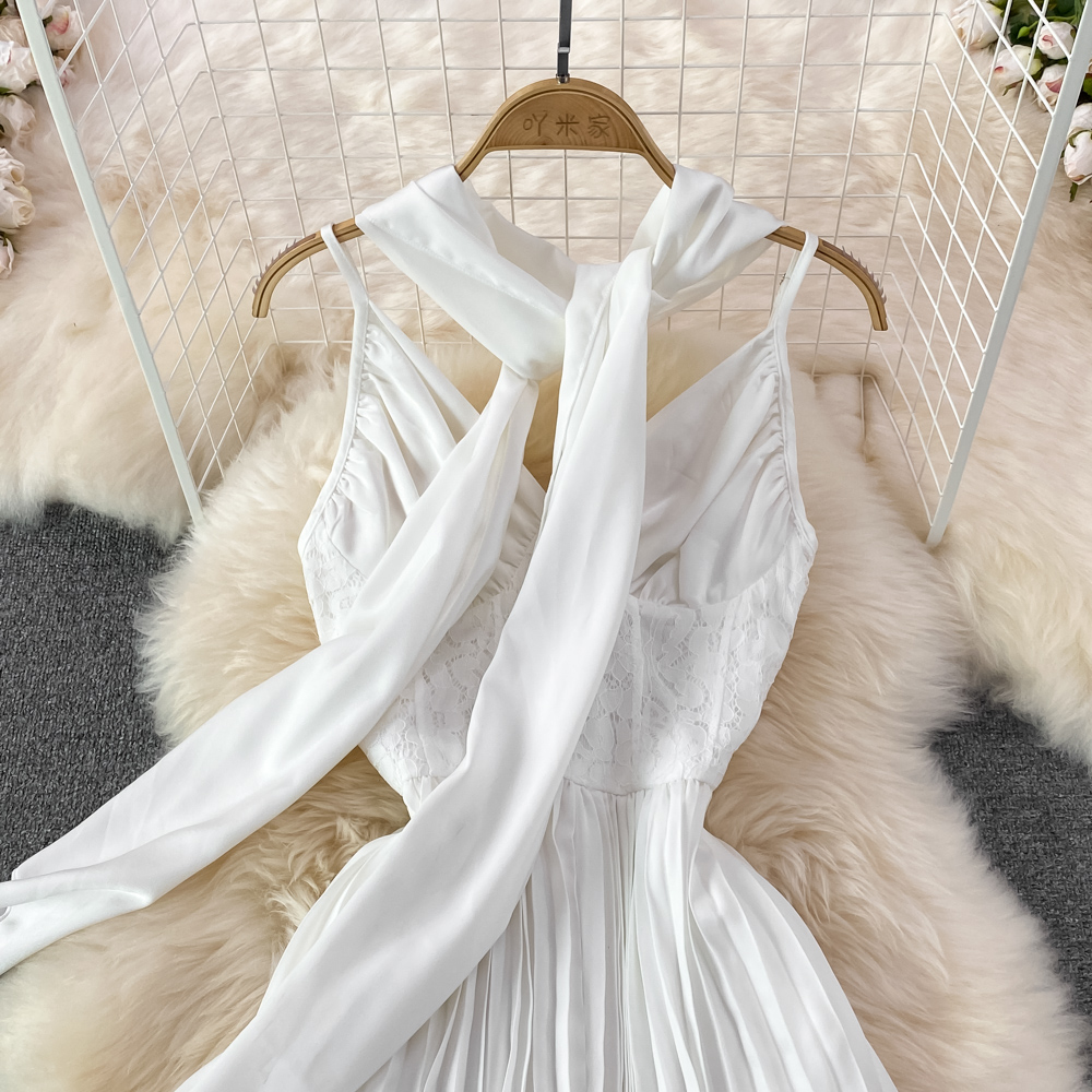 Pinched waist halter long dress seaside white dress