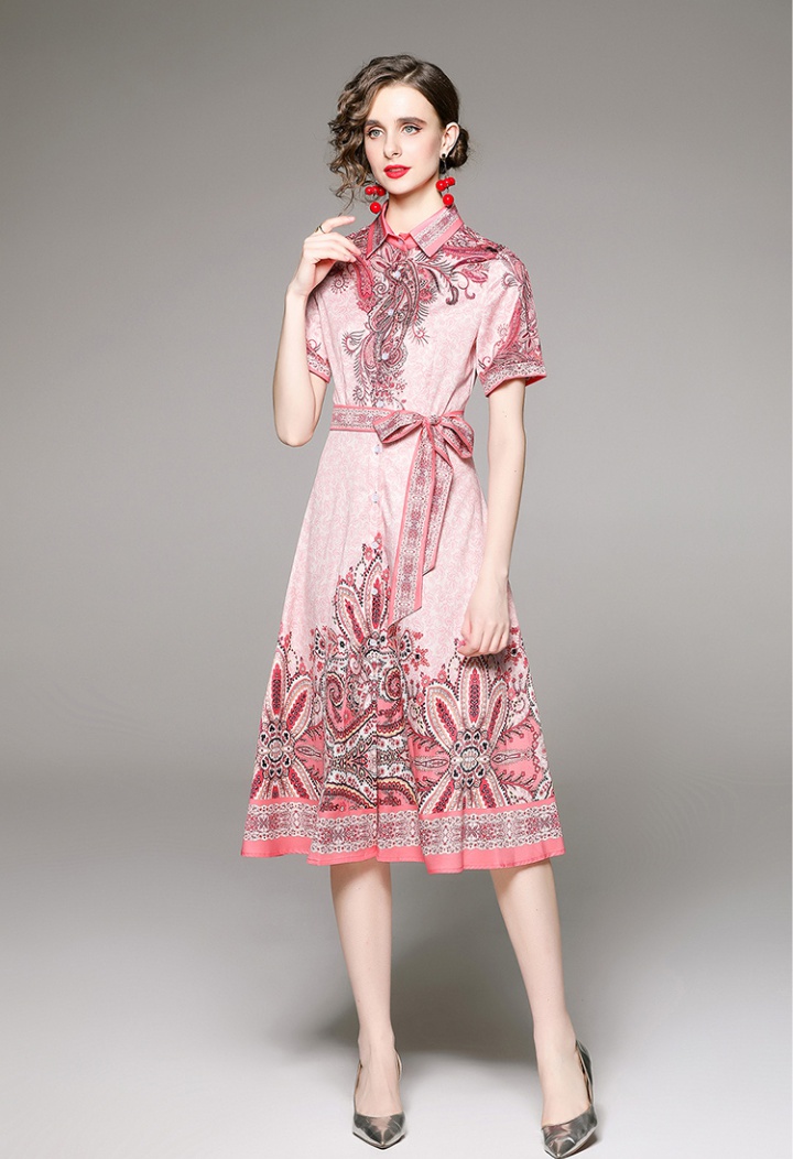 Fashion with belt all-match printing pinched waist dress