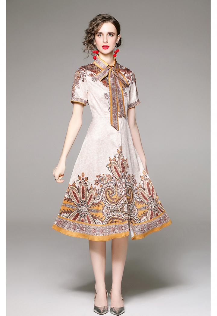 Fashion with belt all-match printing pinched waist dress
