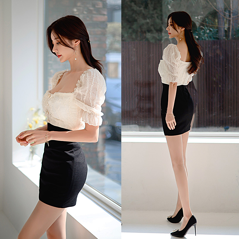 Korean style short sleeve wrapped chest summer dress