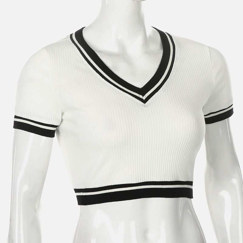 Knitted V-neck T-shirt white retro tops for women
